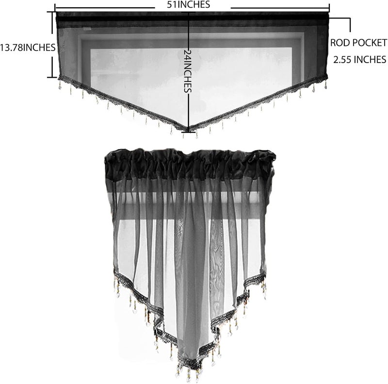 PearAge Beaded Sheer Valance Curtains for Living Room,Rod Pocket Farmhouse Window Valance, Bead Trim Tassel Voile Sheer Curtain Valance for Bedroom Bathroom Cafe 51x24 Inches (Black) 1PC - Image 4